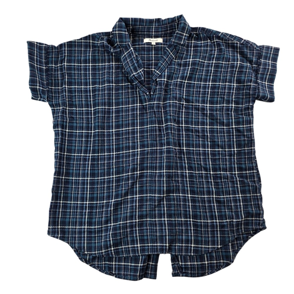 Madewell Swenson Plaid Top Short Sleeve Blue Green Cotton‎ Blend Relaxed sz XS